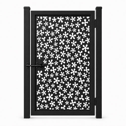 Design 046 allover small floral black laser cut metal pedestrian gate closed view
