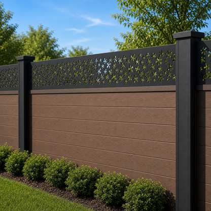 Pebble Dot Mesh laser cut fence extension panel installed on composite fence, angle view, Design 046