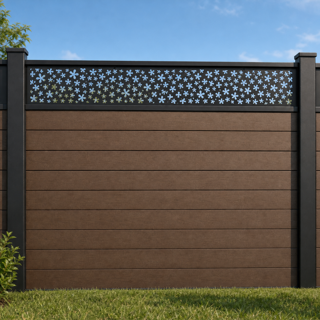 Pebble Dot Mesh metal fence topper installed above WPC composite privacy fence, front view, Design 046