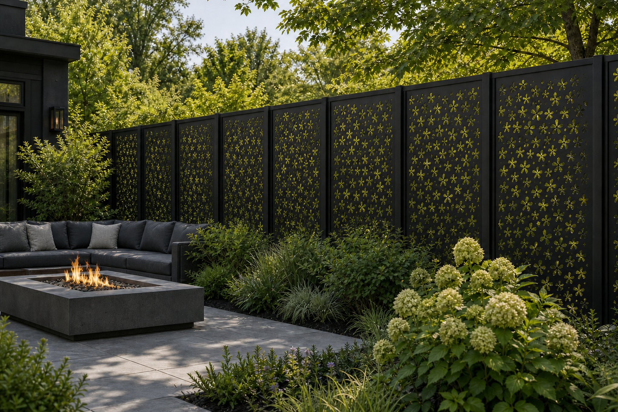 Design 046 Tiny Blossom Field Laser Cut Metal Privacy Screen Panel installed garden daylight view