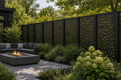 Design 046 Tiny Blossom Field Laser Cut Metal Privacy Screen Panel installed garden daylight view