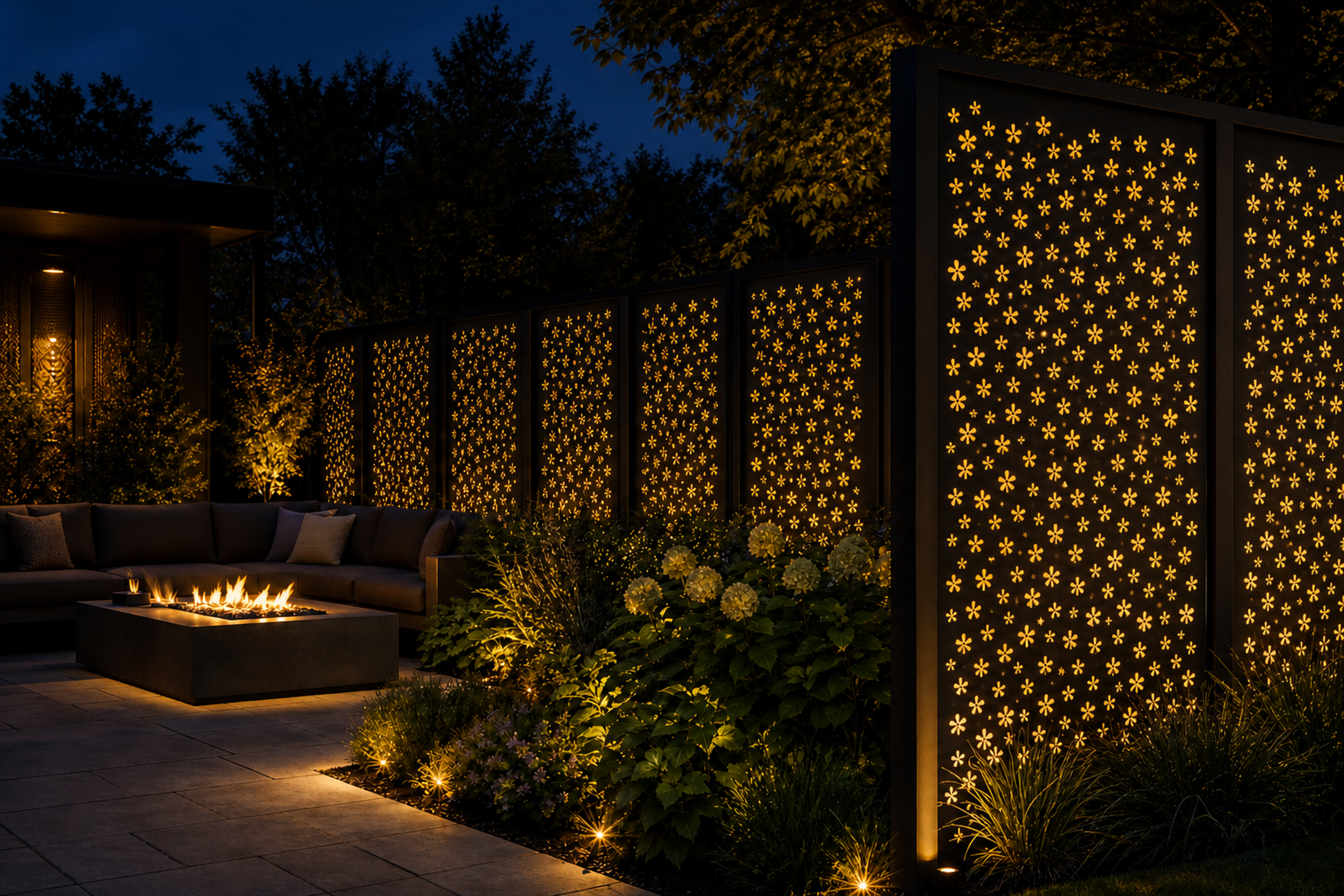 Design 046 Tiny Blossom Field Laser Cut Metal Privacy Screen Panel installed garden night lighting view