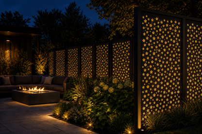 Design 046 Tiny Blossom Field Laser Cut Metal Privacy Screen Panel installed garden night lighting view