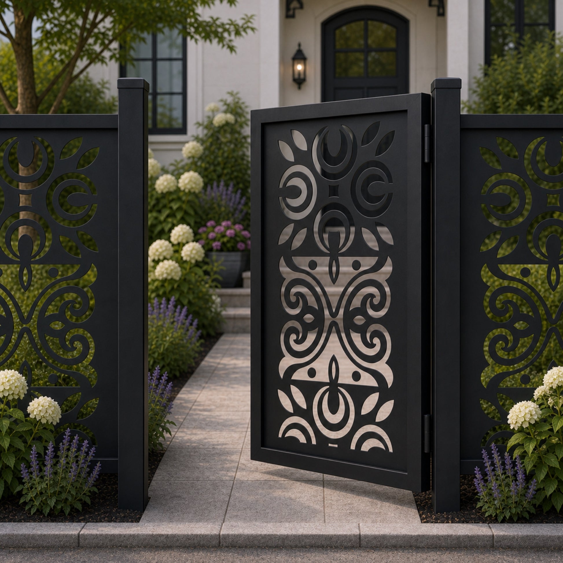 Design 047 circle crescent scrollwork black aluminium side gate open view