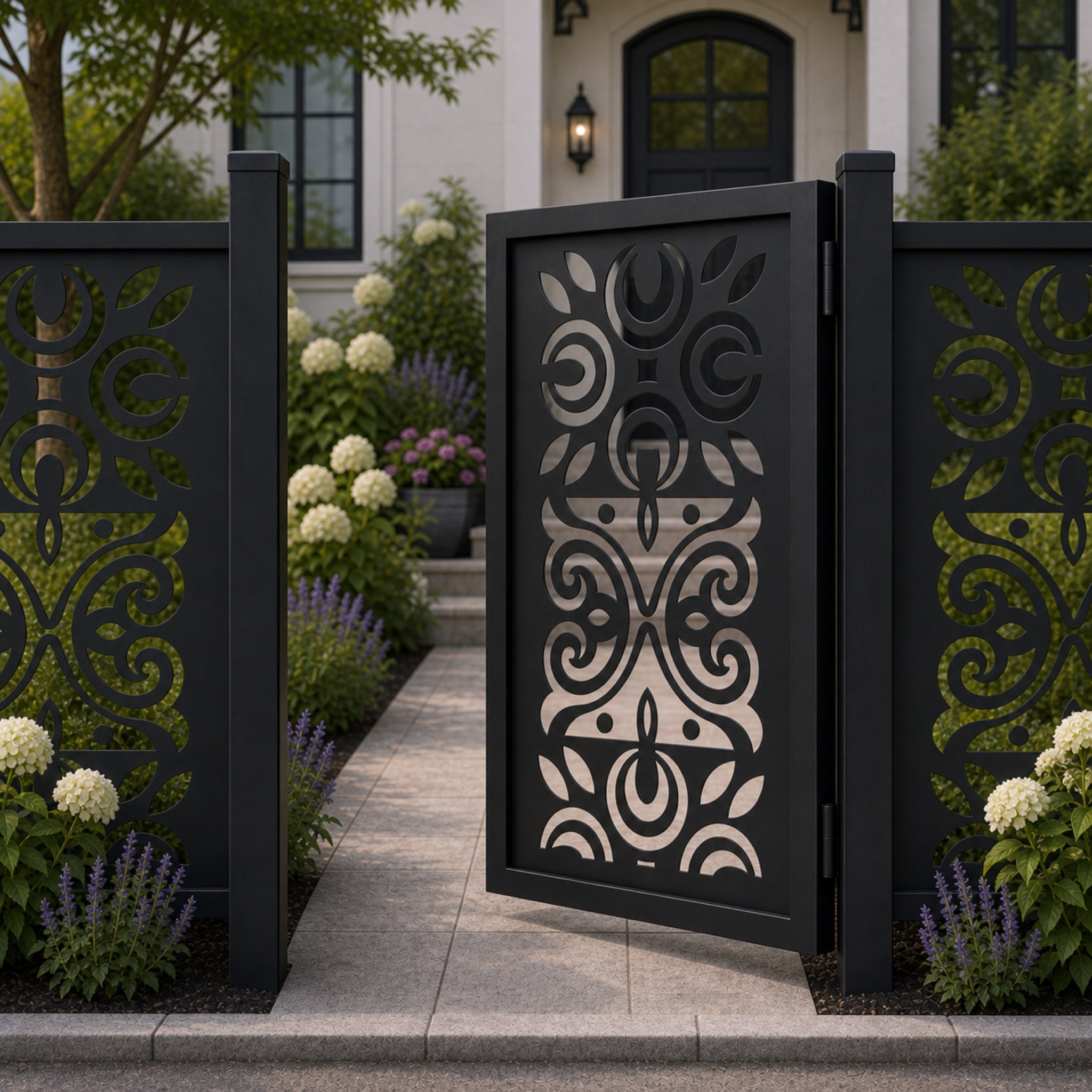 Design 047 circle crescent scrollwork black aluminium side gate open view