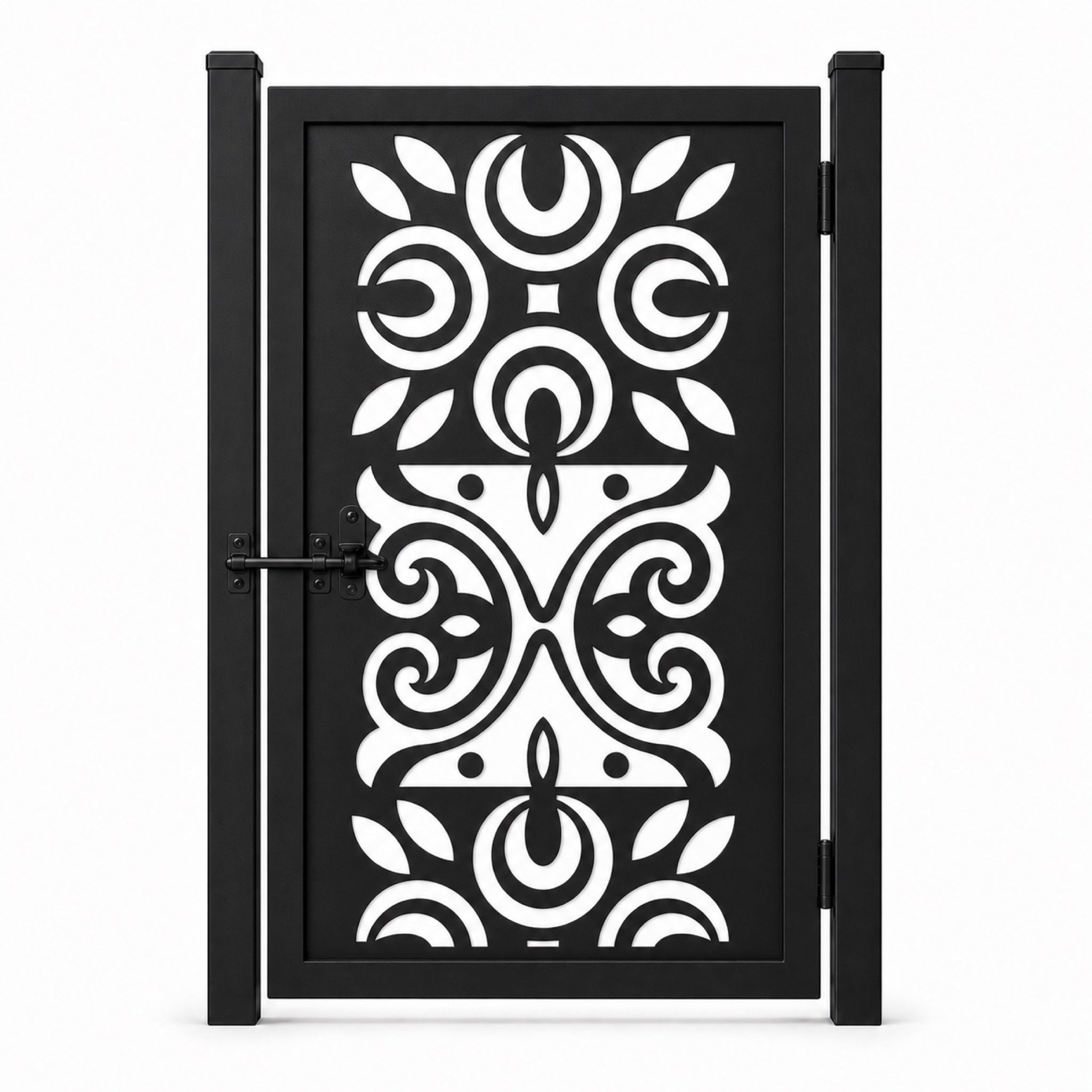 Design 047 circle crescent scrollwork black laser cut metal pedestrian gate closed view