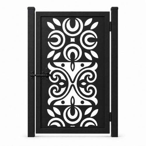 Design 047 circle crescent scrollwork black laser cut metal pedestrian gate closed view