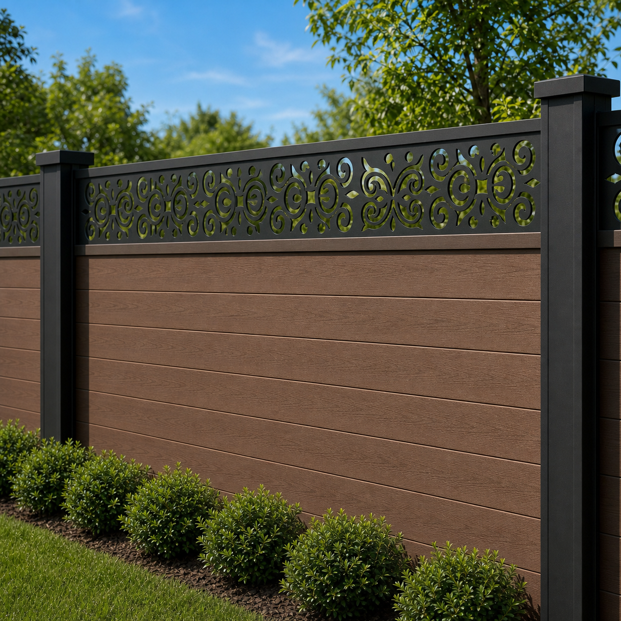 Ornate Leaf Scroll laser cut fence extension panel installed on composite fence, angle view, Design 047