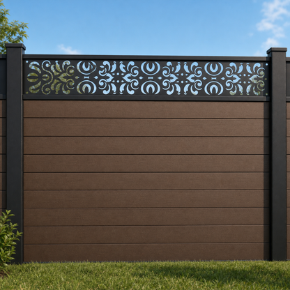 Ornate Leaf Scroll metal fence topper installed above WPC composite privacy fence, front view, Design 047