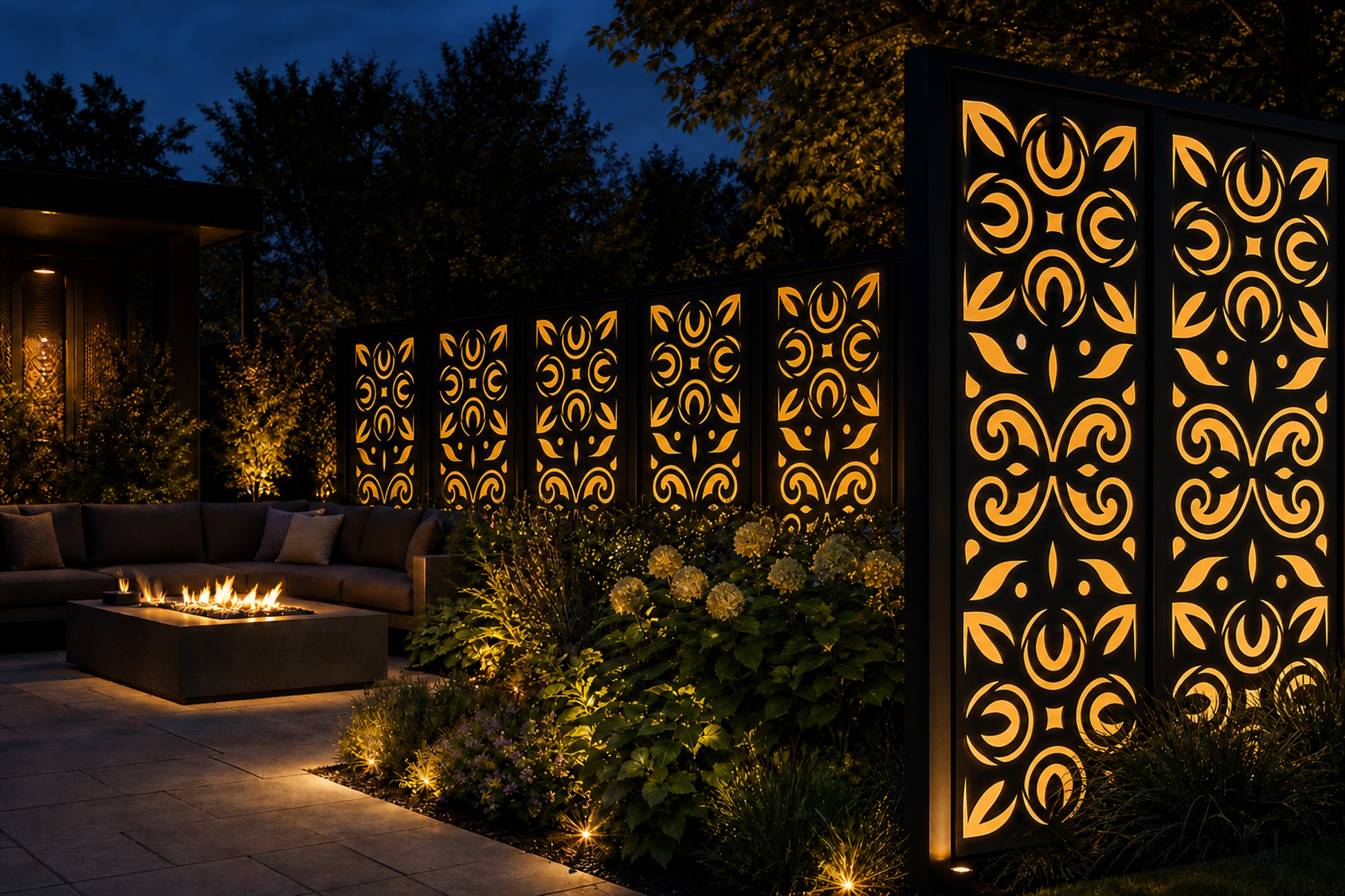 Design 047 Tulip Scroll Medallion Laser Cut Metal Privacy Screen Panel installed garden night lighting view