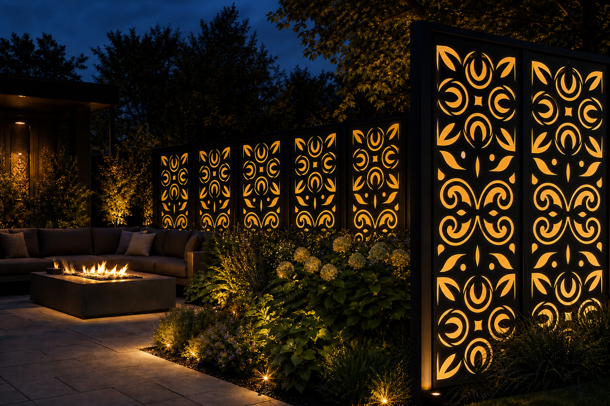 Design 047 Tulip Scroll Medallion Laser Cut Metal Privacy Screen Panel installed garden night lighting view