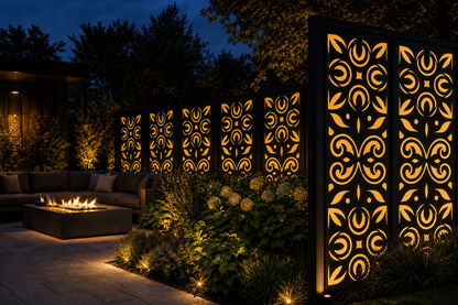 Design 047 Tulip Scroll Medallion Laser Cut Metal Privacy Screen Panel installed garden night lighting view