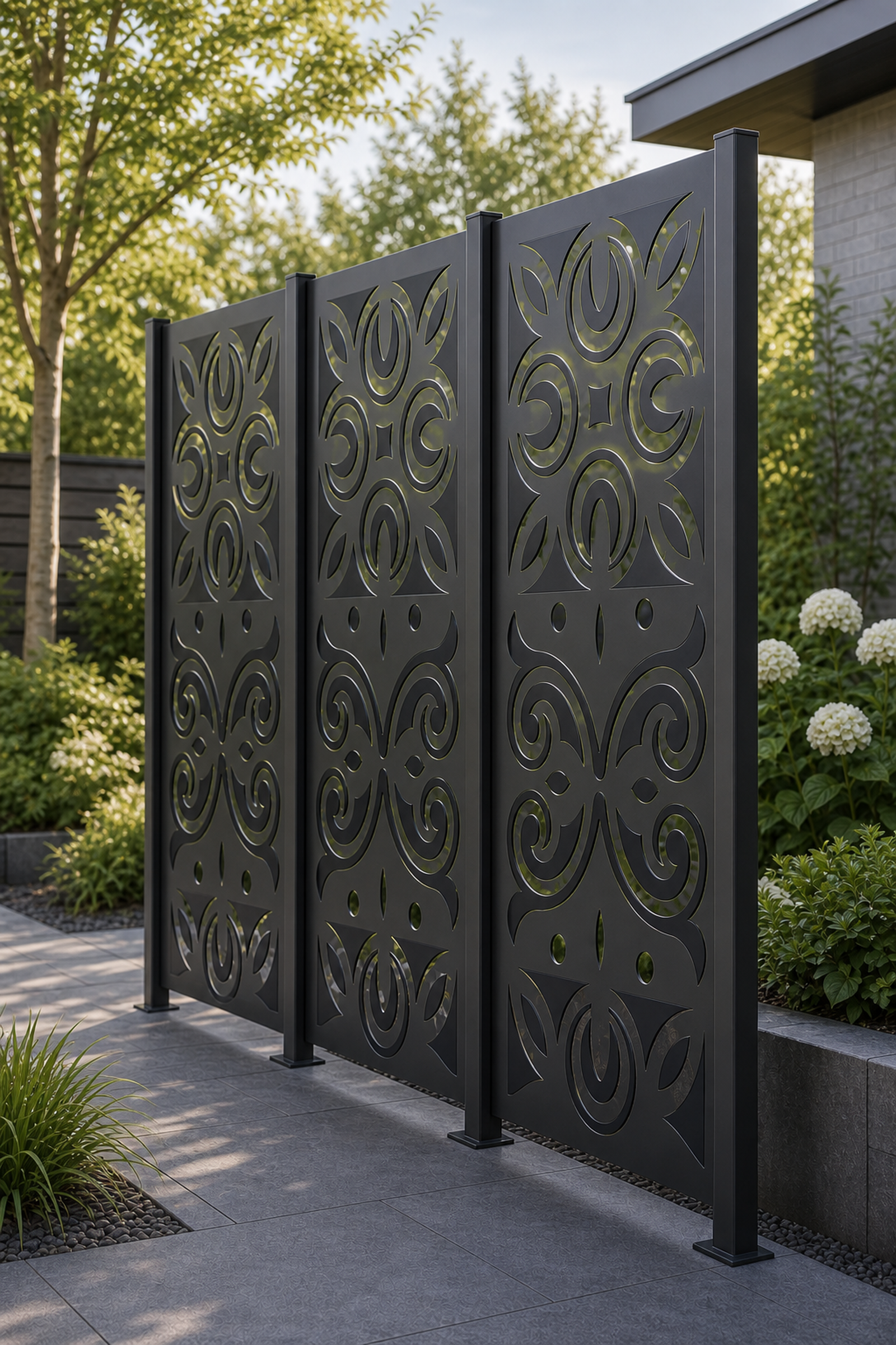 Design 047 Tulip Scroll Medallion Laser Cut Metal Privacy Screen Panel oblique angle view