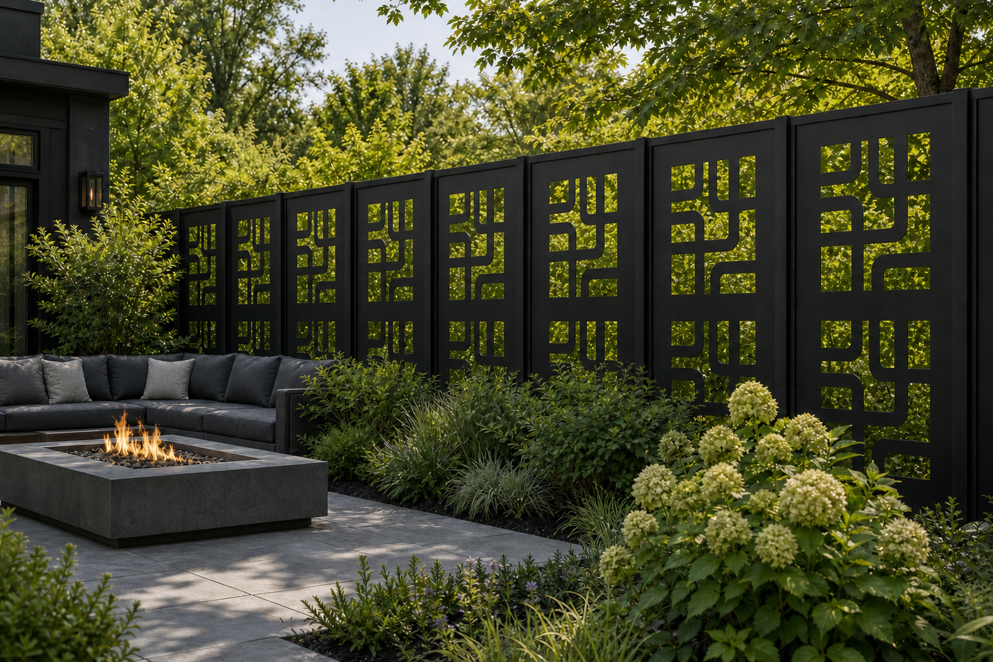 Design 048 Modern Block Maze Laser Cut Metal Privacy Screen Panel installed garden daylight view