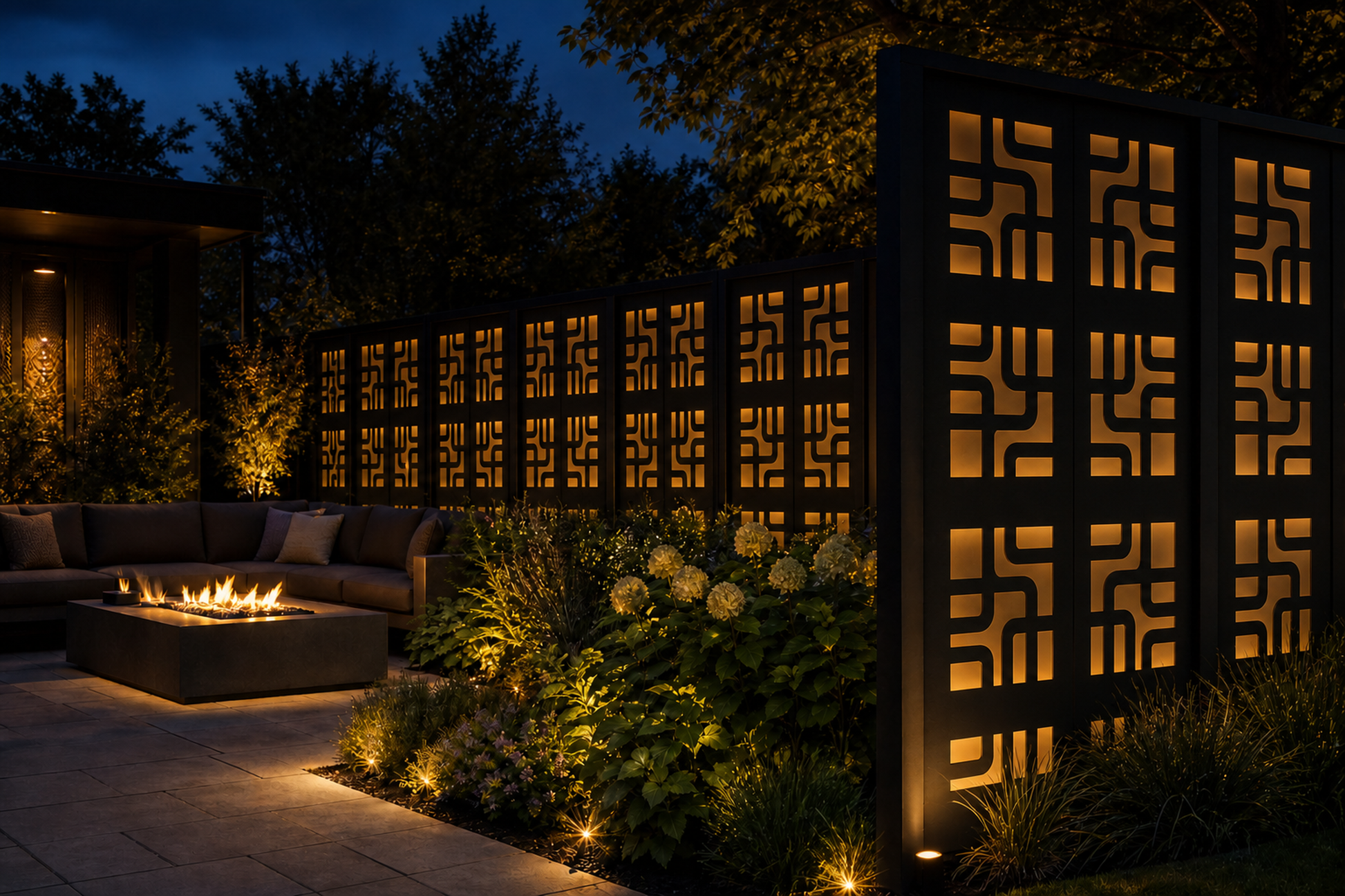 Design 048 Modern Block Maze Laser Cut Metal Privacy Screen Panel installed garden night lighting view