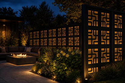 Design 048 Modern Block Maze Laser Cut Metal Privacy Screen Panel installed garden night lighting view