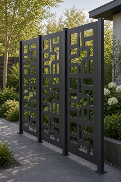Design 048 Modern Block Maze Laser Cut Metal Privacy Screen Panel oblique angle view