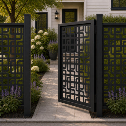 Design 048 rounded maze geometric black aluminium side gate open view