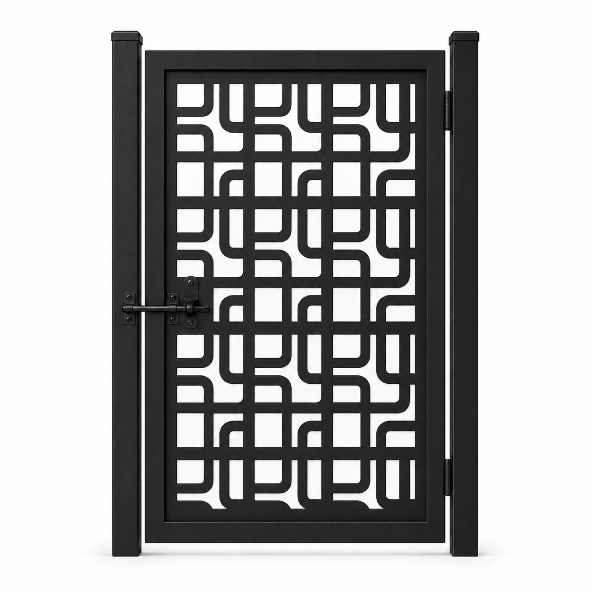 Design 048 rounded maze geometric black laser cut metal pedestrian gate closed view