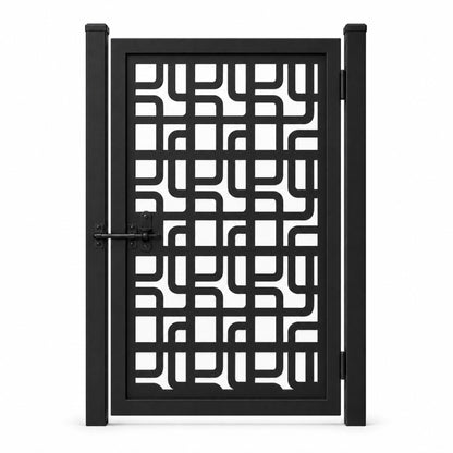 Design 048 rounded maze geometric black laser cut metal pedestrian gate closed view