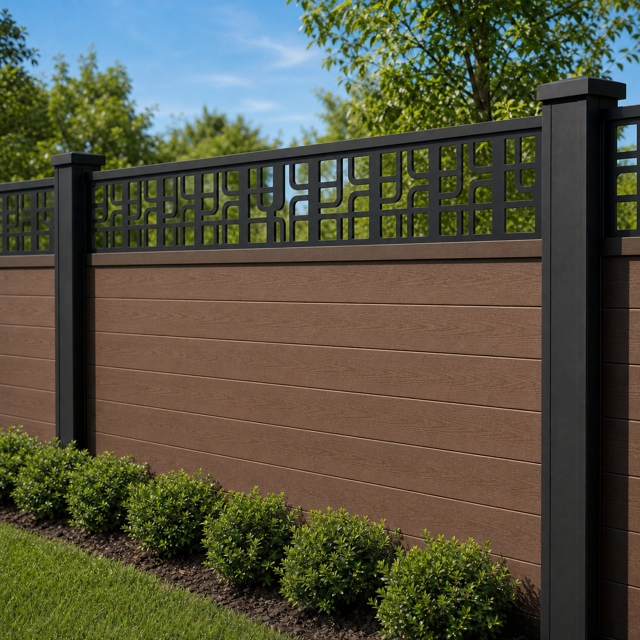 Windowpane Square Grid laser cut fence extension panel installed on composite fence, angle view, Design 048