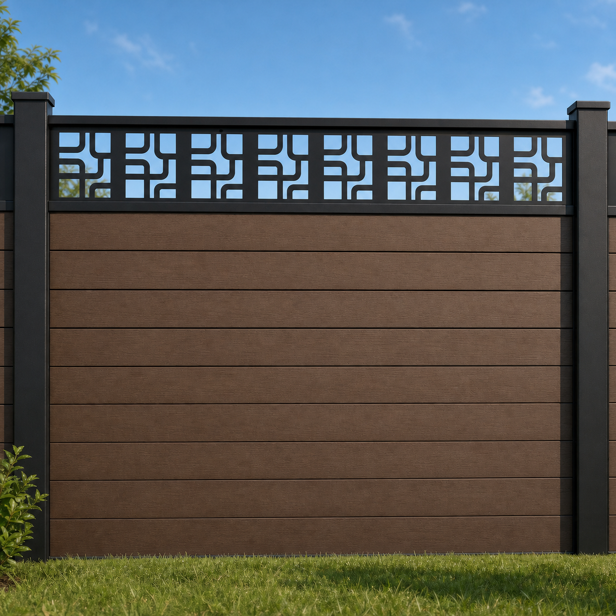 Windowpane Square Grid metal fence topper installed above WPC composite privacy fence, front view, Design 048