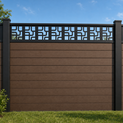 Windowpane Square Grid metal fence topper installed above WPC composite privacy fence, front view, Design 048