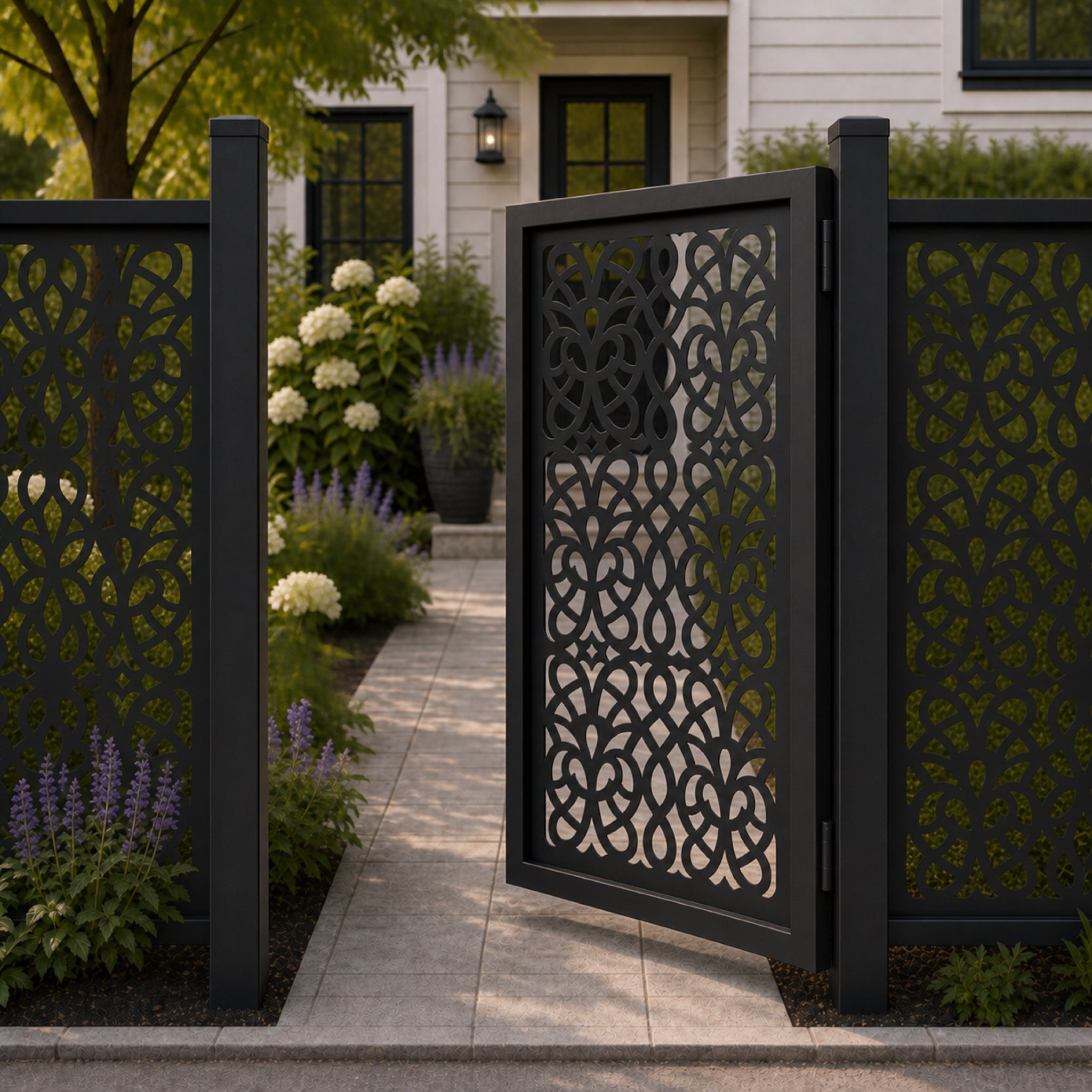 Design 049 interwoven butterfly floral black aluminium side gate open view