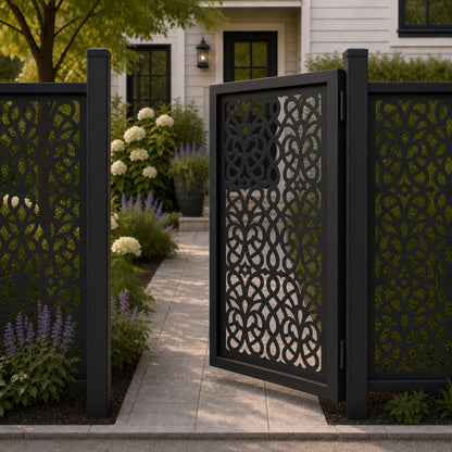 Design 049 interwoven butterfly floral black aluminium side gate open view