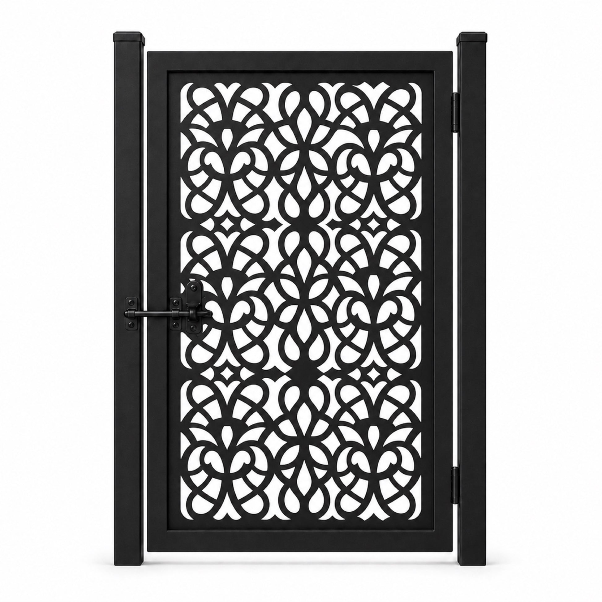 Design 049 interwoven butterfly floral black laser cut metal pedestrian gate closed view