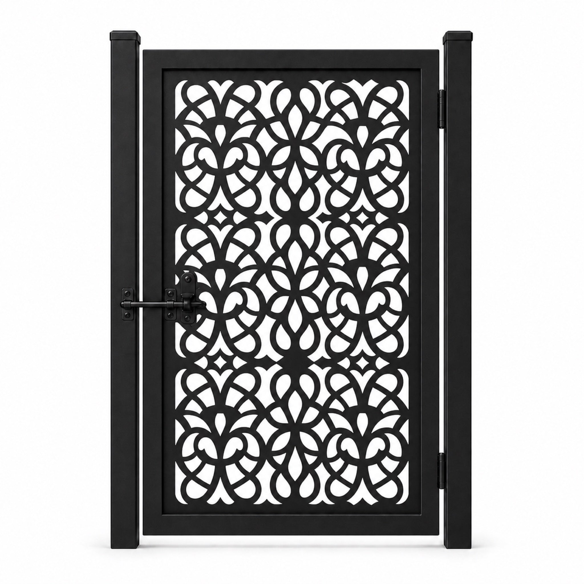 Design 049 interwoven butterfly floral black laser cut metal pedestrian gate closed view