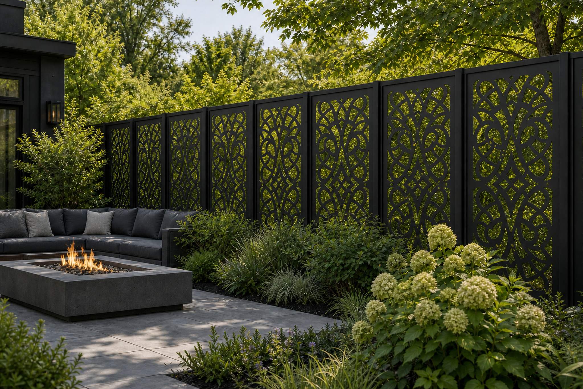 Design 049 Petal Chain Laser Cut Metal Privacy Screen Panel installed garden daylight view