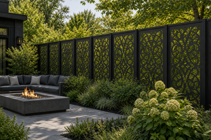 Design 049 Petal Chain Laser Cut Metal Privacy Screen Panel installed garden daylight view