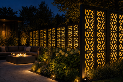 Design 049 Petal Chain Laser Cut Metal Privacy Screen Panel installed garden night lighting view