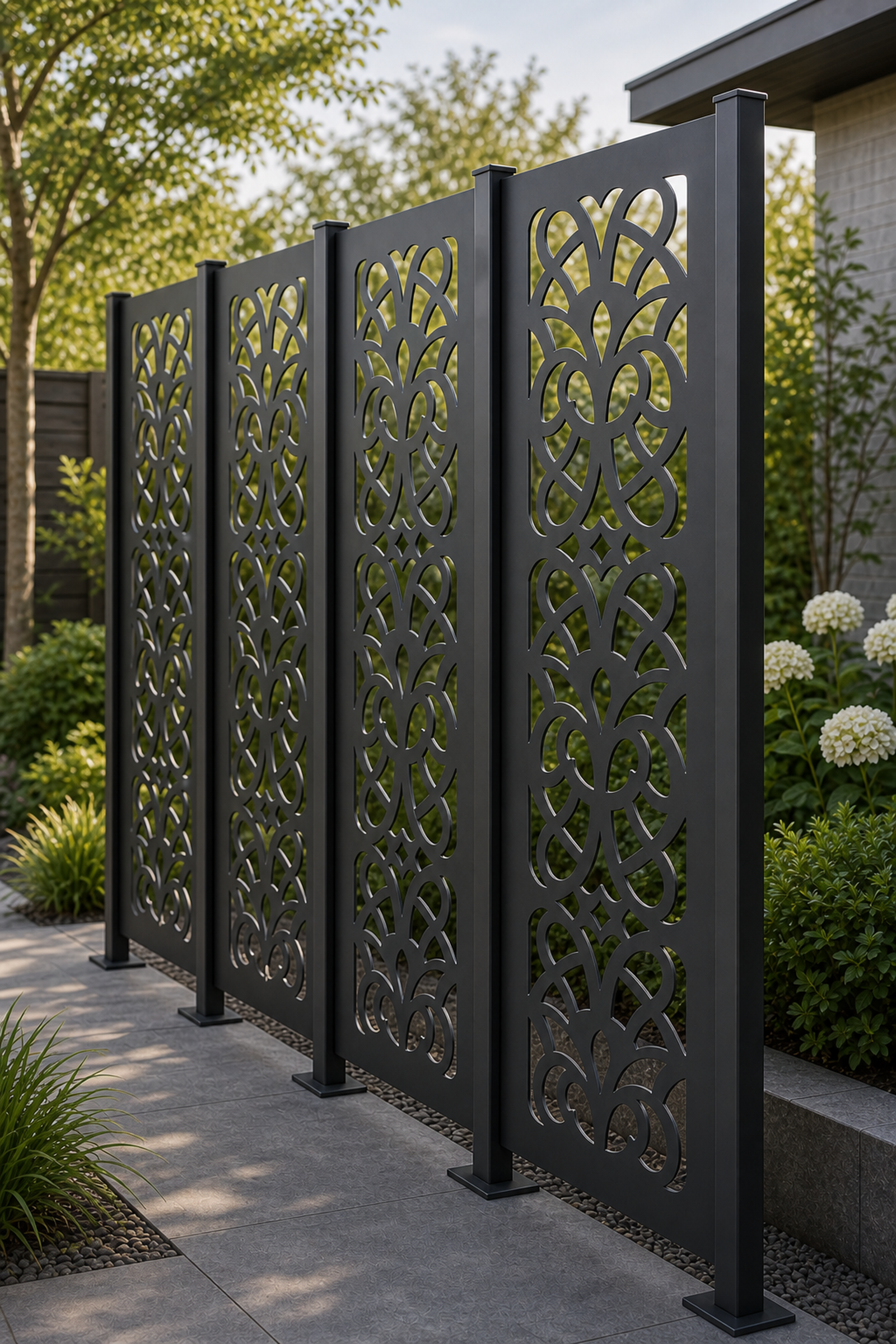 Design 049 Petal Chain Laser Cut Metal Privacy Screen Panel oblique angle view
