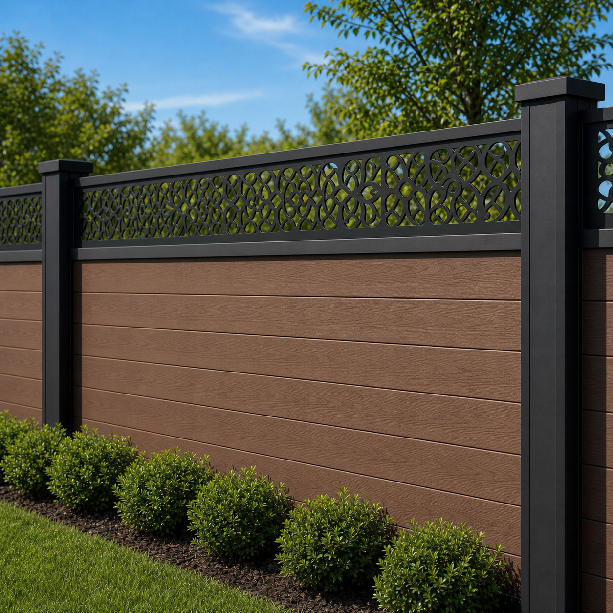 Small Blossom Lace laser cut fence extension panel installed on composite fence, angle view, Design 049