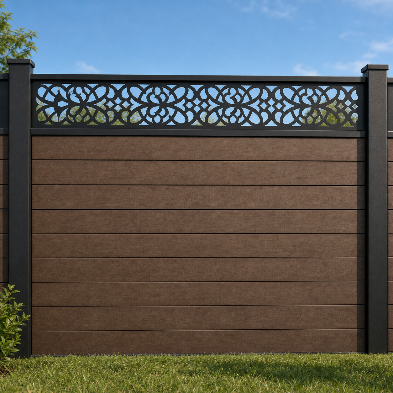 Small Blossom Lace metal fence topper installed above WPC composite privacy fence, front view, Design 049