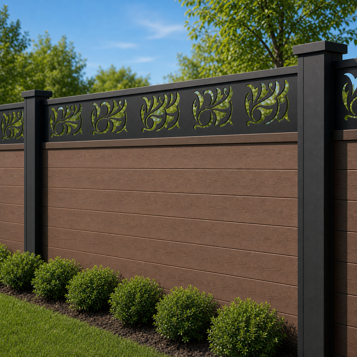 Arrow Leaf Border laser cut fence extension panel installed on composite fence, angle view, Design 050
