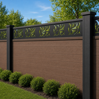 Arrow Leaf Border laser cut fence extension panel installed on composite fence, angle view, Design 050