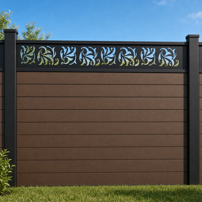 Arrow Leaf Border metal fence topper installed above WPC composite privacy fence, front view, Design 050
