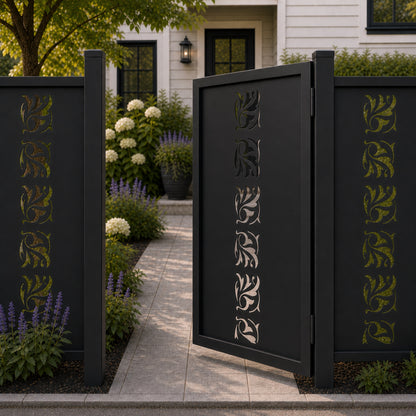 Design 050 centerline floral leaf spiral black aluminium side gate open view
