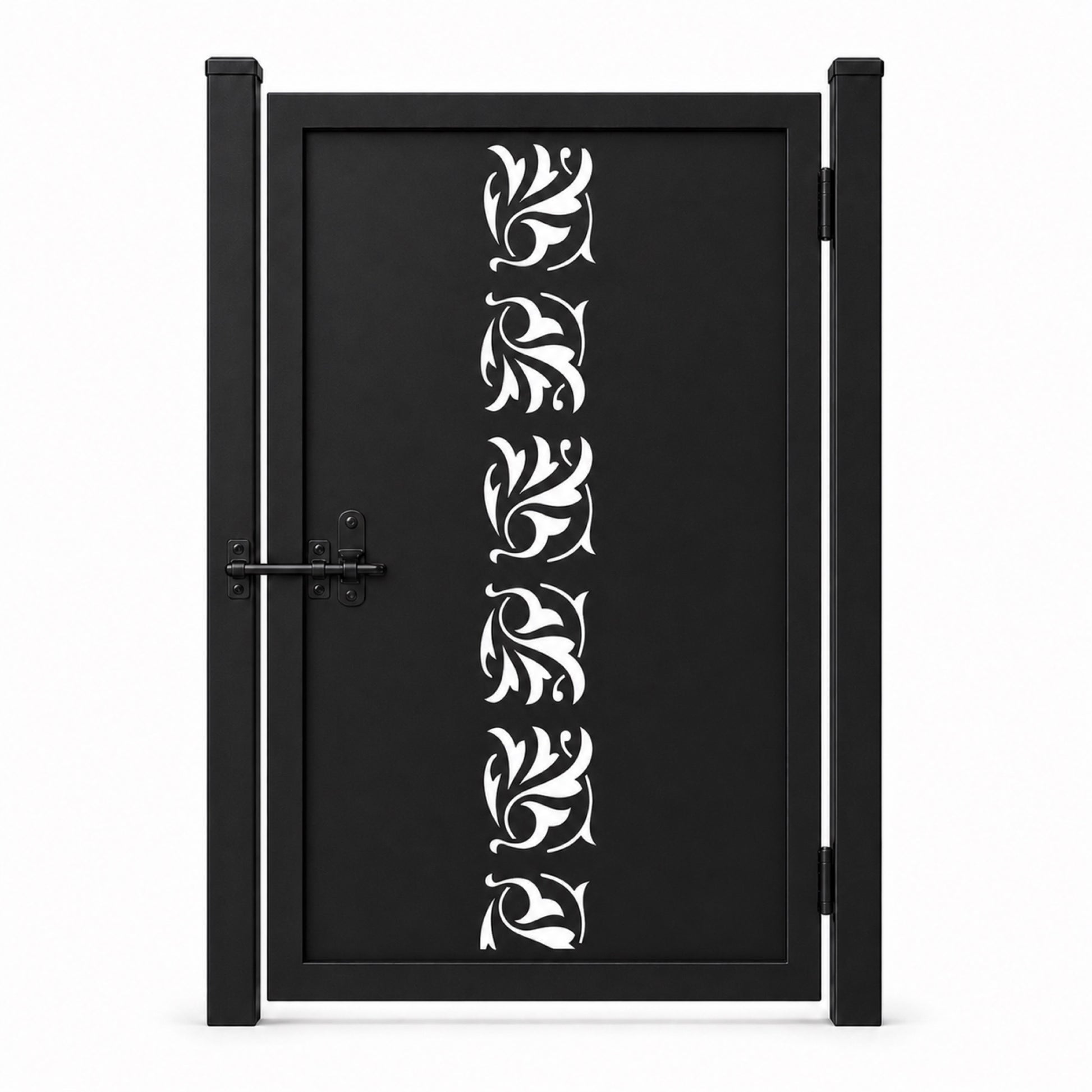 Design 050 centerline floral leaf spiral black laser cut metal pedestrian gate closed view