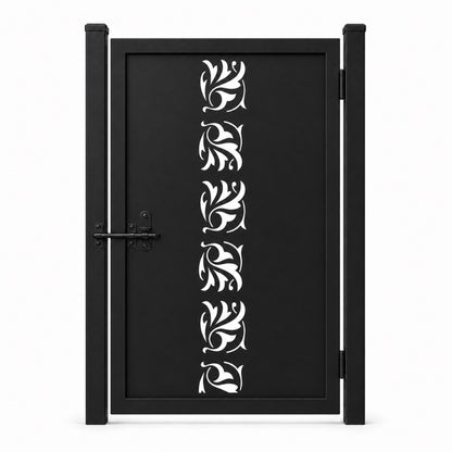 Design 050 centerline floral leaf spiral black laser cut metal pedestrian gate closed view