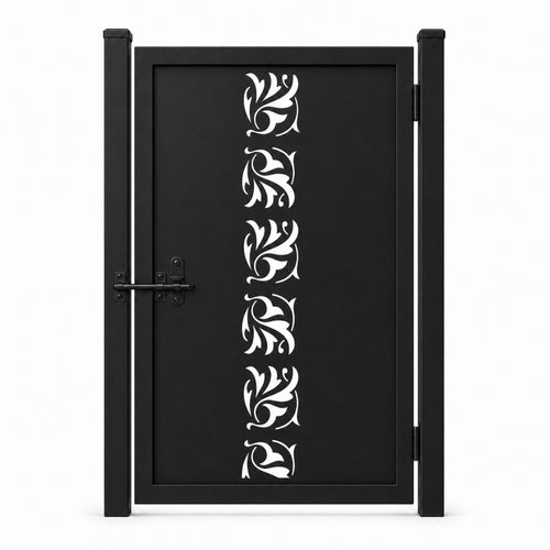 Design 050 centerline floral leaf spiral black laser cut metal pedestrian gate closed view