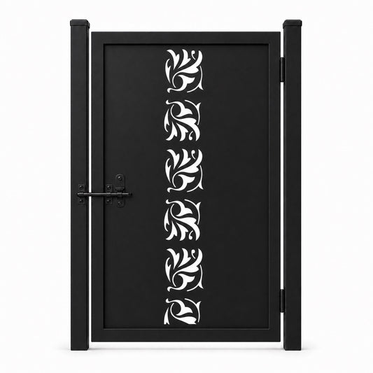 Design 050 centerline floral leaf spiral black laser cut metal pedestrian gate closed view