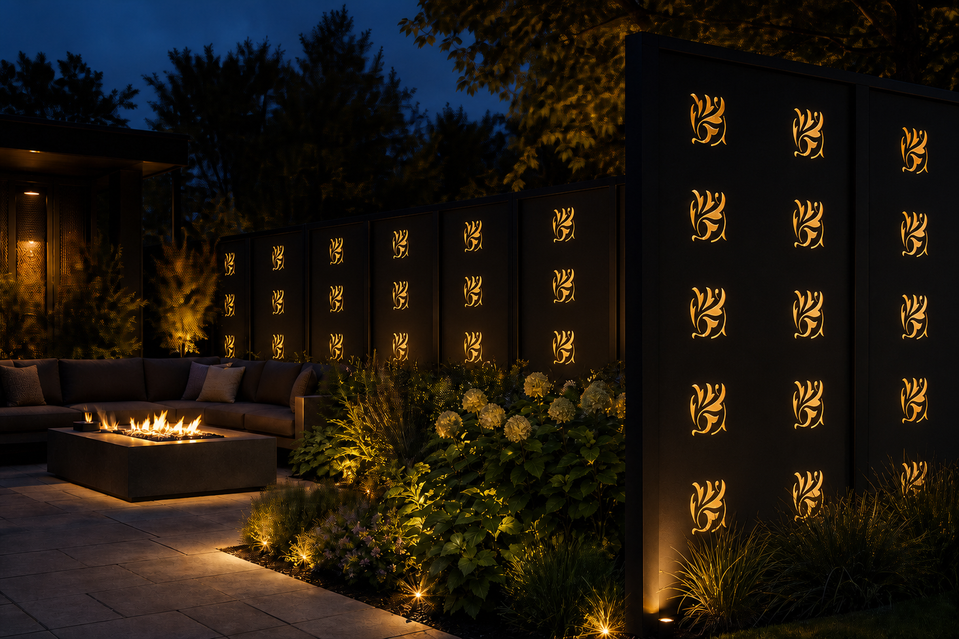 Design 050 Repeating Leaf Fan Laser Cut Metal Privacy Screen Panel installed garden night lighting view