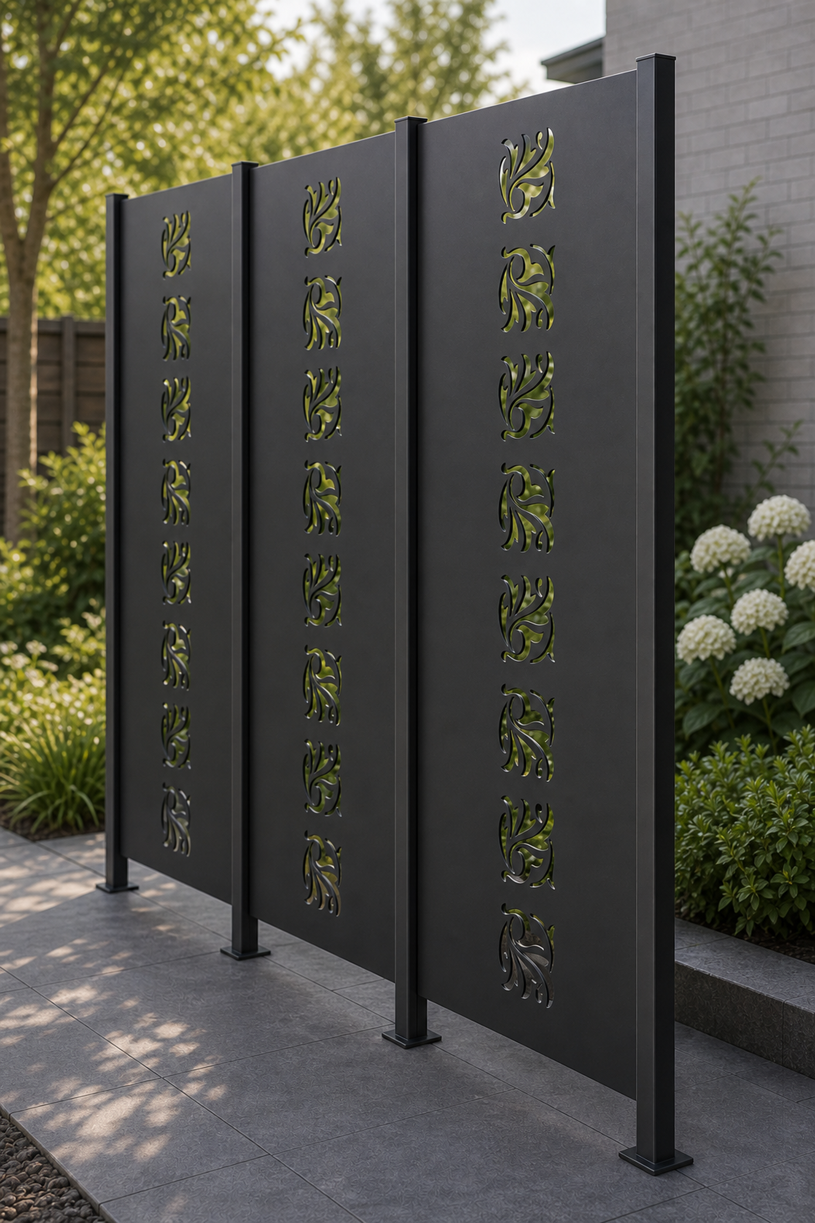 Design 050 Repeating Leaf Fan Laser Cut Metal Privacy Screen Panel oblique angle view