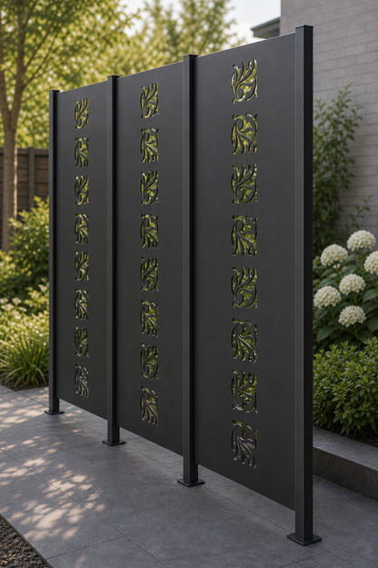 Design 050 Repeating Leaf Fan Laser Cut Metal Privacy Screen Panel oblique angle view