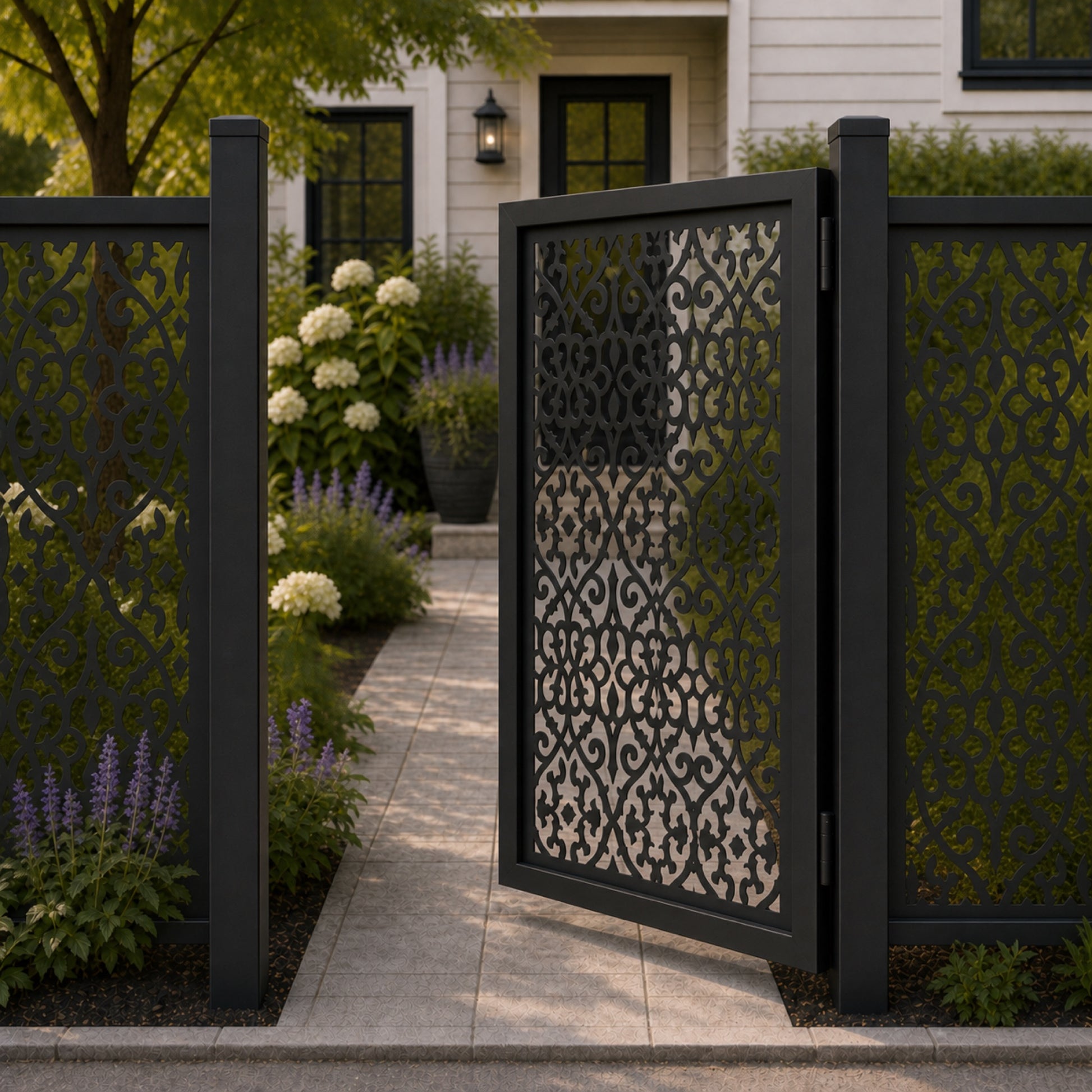 Design 051 dense mirror scrollwork black aluminium side gate open view
