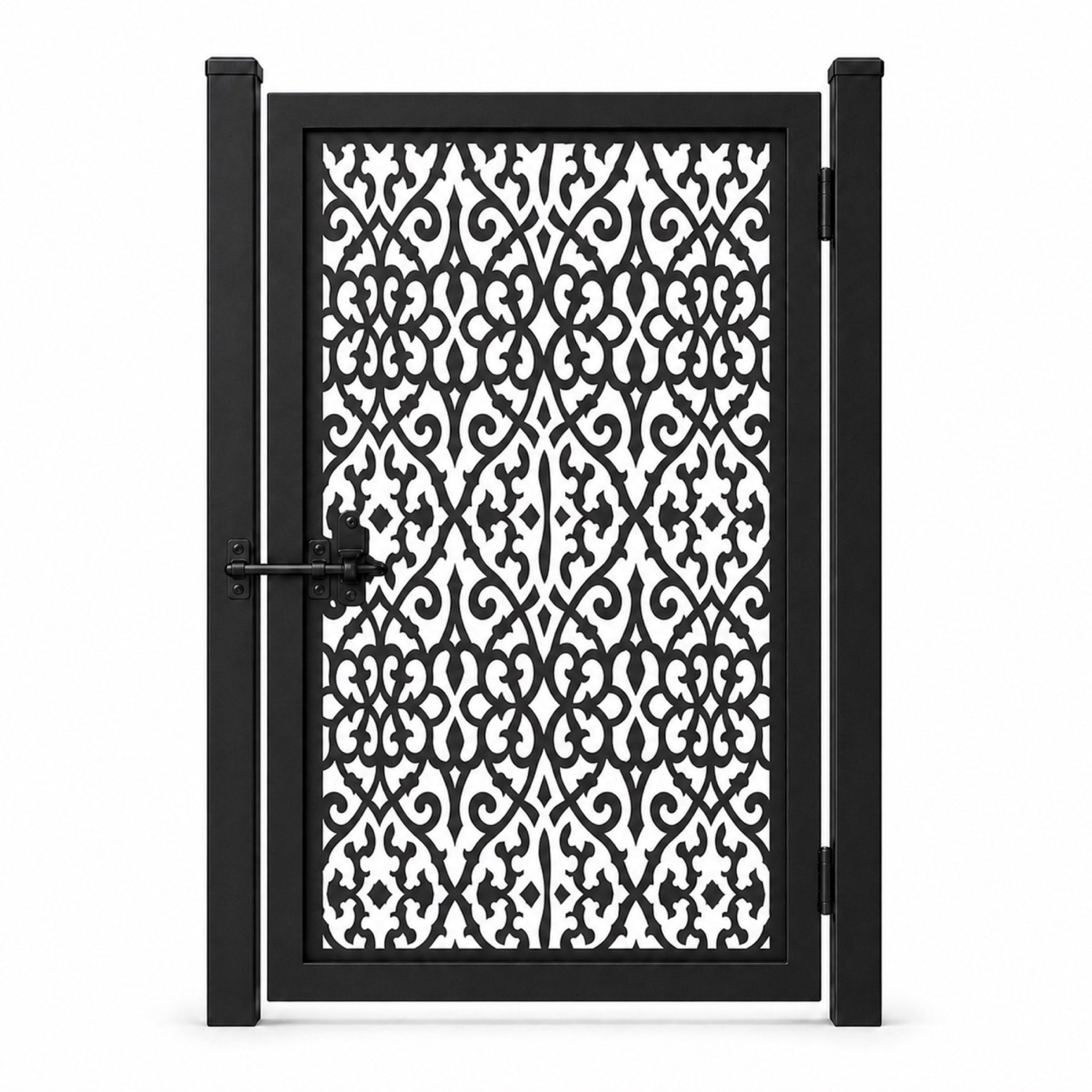 Design 051 dense mirror scrollwork black laser cut metal pedestrian gate closed view